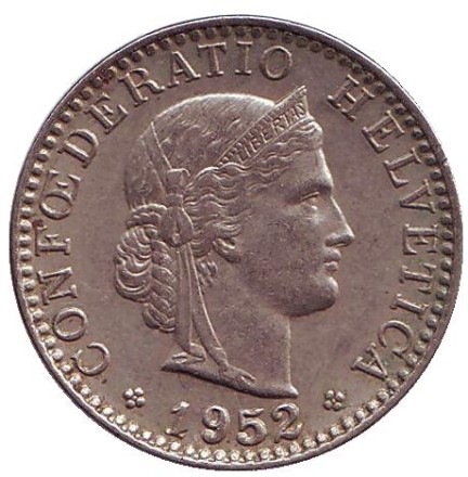 Монета 20 раппенов. 1952 год, Швейцария. Монета 20 раппенов. 1952 год, Швейцария.