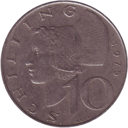 Монета 10 шиллингов. 1975 год, Австрия. Женщина из Вахау.