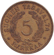 Монета 5 марок. 1936 год, Финляндия. Монета 5 марок. 1936 год, Финляндия.