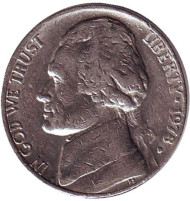 Монета 5 центов. 1978 год (D), США. Джефферсон. Монтичелло. Монета 5 центов. 1978 год (D), США. Джефферсон. Монтичелло.