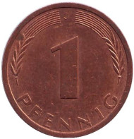 Монета 1 пфенниг. 1974 год (J), ФРГ. Дубовые листья. Монета 1 пфенниг. 1974 год (J), ФРГ. Дубовые листья.