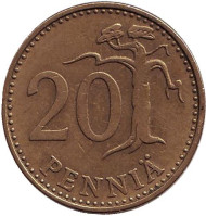 Монета 20 пенни. 1969 год, Финляндия. Редкая!
