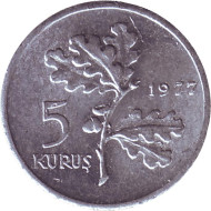 Монета 5 куршей. 1977 год, Турция. Дубовая ветвь. Монета 5 куршей. 1977 год, Турция. Дубовая ветвь.