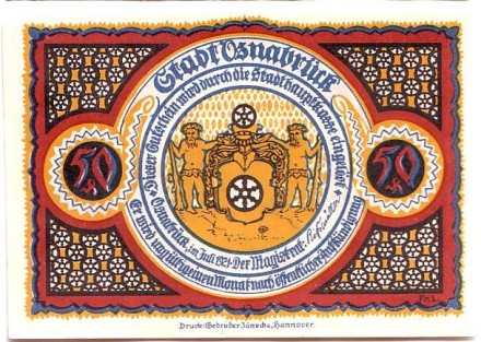 Собор. Нотгельд Оснабрюка. 50 пфеннигов. 1921 год, Веймарская республика (Германия). Собор. Нотгельд Оснабрюка. 50 пфеннигов. 1921 год, Веймарская республика (Германия).