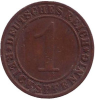Монета 1 рейхспфенниг. 1925 год (G), Веймарская республика. Монета 1 рейхспфенниг. 1925 год (G), Веймарская республика.