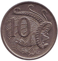 Монета 10 центов. 1977 год, Австралия. Лирохвост. Монета 10 центов. 1977 год, Австралия. Лирохвост.