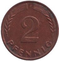 Монета 2 пфеннига. 1968 год (F), ФРГ. (сталь, медь). Дубовые листья. Монета 2 пфеннига. 1968 год (F), ФРГ. (сталь, медь). Дубовые листья.