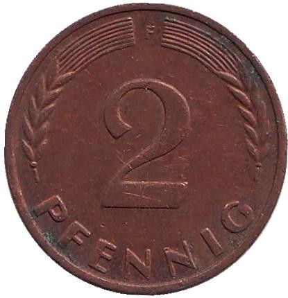 Монета 2 пфеннига. 1968 год (F), ФРГ. (сталь, медь). Дубовые листья.