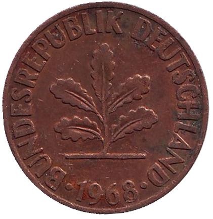 Монета 2 пфеннига. 1968 год (F), ФРГ. (сталь, медь). Дубовые листья. Монета 2 пфеннига. 1968 год (F), ФРГ. (сталь, медь). Дубовые листья.