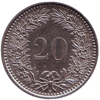 Монета 20 раппенов. 2002 год, Швейцария.