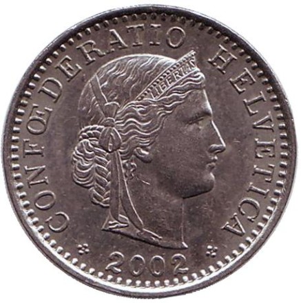 Монета 20 раппенов. 2002 год, Швейцария. Монета 20 раппенов. 2002 год, Швейцария.
