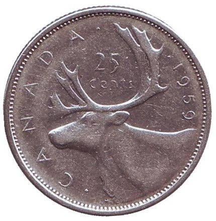 Монета 25 центов. 1959 год, Канада. Канадский олень (Карибу).