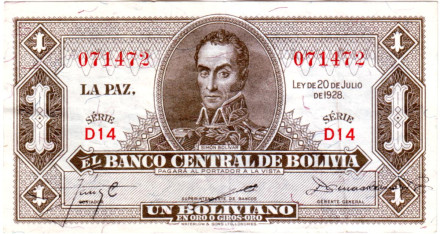 Банкнота 1 боливиано. 1928 год, Боливия. Номер 128а(9). Симон Боливар.
