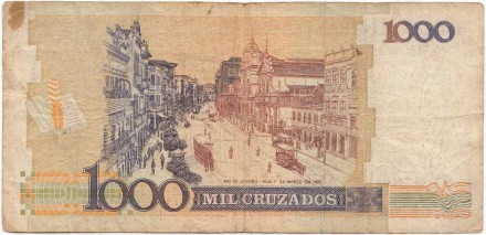 Банкнота 1000 крузейро. 1988 год, Бразилия. P-213b. Банкнота 1000 крузейро. 1988 год, Бразилия. P-213b.