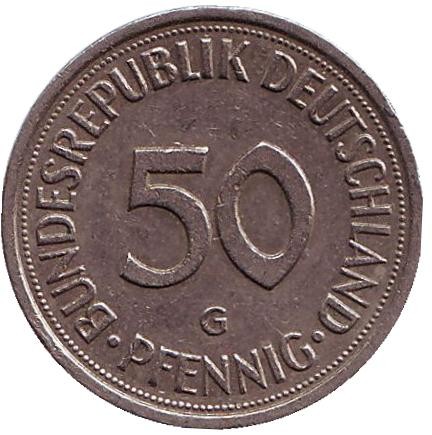 Монета 50 пфеннигов. 1985 год (G), ФРГ. Женщина, сажающая дуб. Монета 50 пфеннигов. 1985 год (G), ФРГ. Женщина, сажающая дуб.