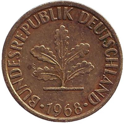 Монета 5 пфеннигов. 1968 год (F), ФРГ. Дубовые листья.