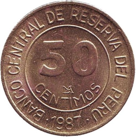Монета 50 сентимов. 1987 год, Перу. Мигель Грау.