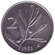 Монета 2 лиры. 1953 год, Италия. Медоносная пчела.