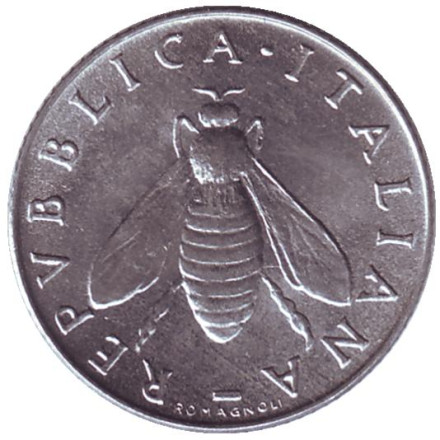 Монета 2 лиры. 1953 год, Италия. Медоносная пчела.