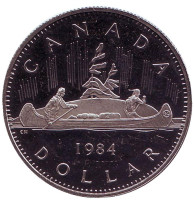Индейцы в каноэ. Монета 1 доллар. 1984 год, Канада. Proof.
