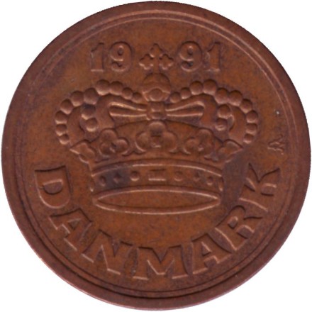 Монета 50 эре. 1991 год, Дания.