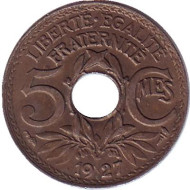 Монета 5 сантимов. 1927 год, Франция. Монета 5 сантимов. 1927 год, Франция.