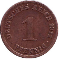 Монета 1 пфенниг. 1911 год (A), Германская империя. Монета 1 пфенниг. 1911 год (A), Германская империя.