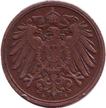 Монета 1 пфенниг. 1911 год (A), Германская империя. Монета 1 пфенниг. 1911 год (A), Германская империя.
