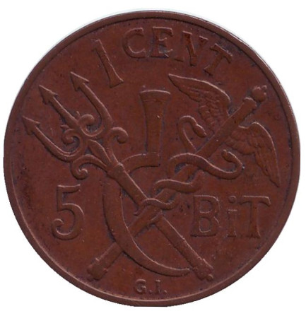 Монета 1 цент. (5 бит). 1913 год, Датская Вест-Индия.