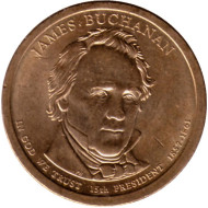15-й президент США. Джеймс Бьюкенен. Монетный двор P. 1 доллар, 2010 год, США. 15-й президент США. Джеймс Бьюкенен. Монетный двор P. 1 доллар, 2010 год, США.