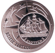 Монета 10 злотых. 2005 год, Польша. История польского злотого. Парусное судно на 2 и 5 злотых 1936 года.