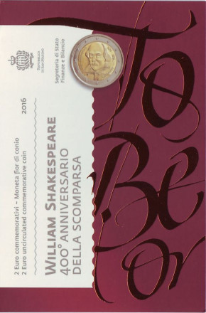 Монета 2 евро. 2016 год, Сан-Марино. 550 лет со дня смерти Уильяма Шекспира.