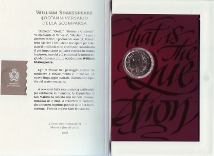 Монета 2 евро. 2016 год, Сан-Марино. 550 лет со дня смерти Уильяма Шекспира.
