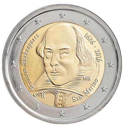 Монета 2 евро. 2016 год, Сан-Марино. 550 лет со дня смерти Уильяма Шекспира.