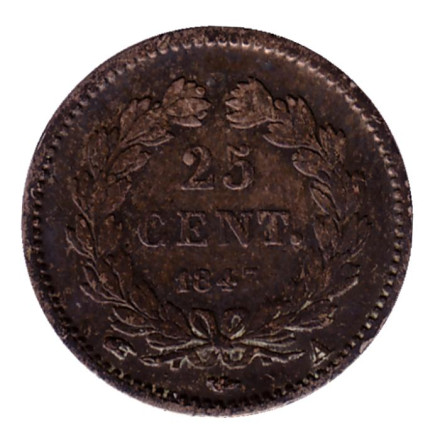 Монета 25 сантимов. 1847 год (А), Франция. Луи-Филипп I. Монета 25 сантимов. 1847 год (А), Франция. Луи-Филипп I.