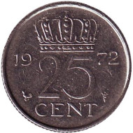 Монета 25 центов. 1972 год, Нидерланды. Монета 25 центов. 1972 год, Нидерланды.
