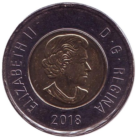 Монета 2 доллара. 2018 год, Канада. Медведь. Монета 2 доллара. 2018 год, Канада. Медведь.