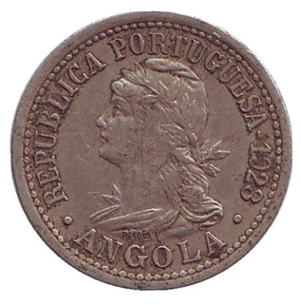Монета 10 сентаво. (2 макуты). 1928 год, Ангола в составе Португалии.