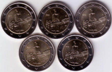 Набор из 5 монет разных монетных дворов. 2 евро. 2022 год, Германия. Замок Вартбург. Тюрингия.