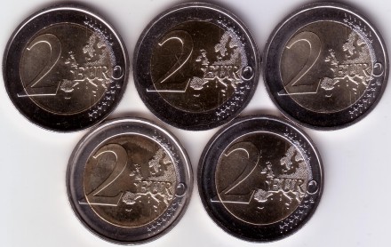 Набор из 5 монет разных монетных дворов. 2 евро. 2022 год, Германия. Замок Вартбург. Тюрингия. Набор из 5 монет разных монетных дворов. 2 евро. 2022 год, Германия. Замок Вартбург. Тюрингия.
