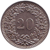 Монета 20 раппенов. 1933 год, Швейцария. Монета 20 раппенов. 1933 год, Швейцария.