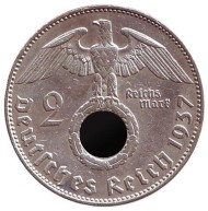 Монета 2 рейхсмарки. 1937 год, Германия (Третий Рейх). (J). Монета 2 рейхсмарки. 1937 год, Германия (Третий Рейх). (J).