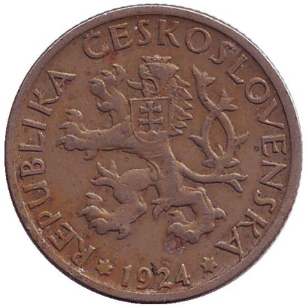 Монета 1 крона. 1924 год, Чехословакия. Монета 1 крона. 1924 год, Чехословакия.