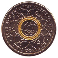 Монета 2 доллара. 2016 год, Австралия. XXXI летние Олимпийские Игры. Рио-де-Жанейро 2016. Жёлтое кольцо.