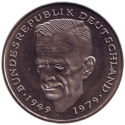 Монета 2 марки. 1980 год (G), ФРГ. UNC. Курт Шумахер.