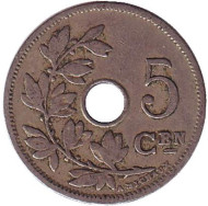 Монета 5 сантимов. 1902 год, Бельгия. (Belgie)  Монета 5 сантимов. 1902 год, Бельгия. (Belgie)