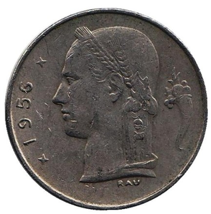 Монета 1 франк. 1956 год, Бельгия. (Belgie)