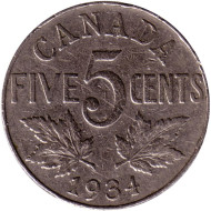 Монета 5 центов. 1934 год, Канада. Монета 5 центов. 1934 год, Канада.