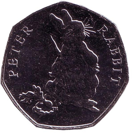 Монета 50 пенсов. 2018 год, Великобритания. Кролик Питер. 150 лет со дня рождения Беатрис Поттер.