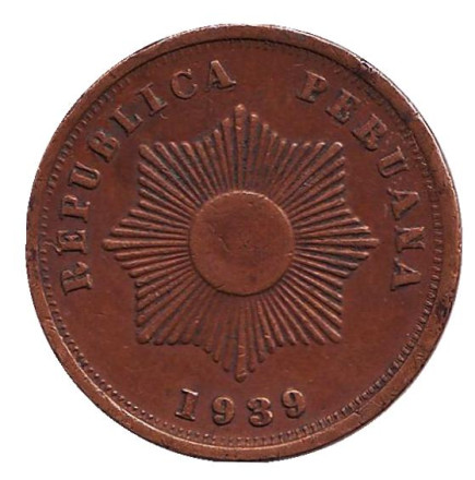 Монета 2 сентаво. 1939 год, Перу. Монета 2 сентаво. 1939 год, Перу.
